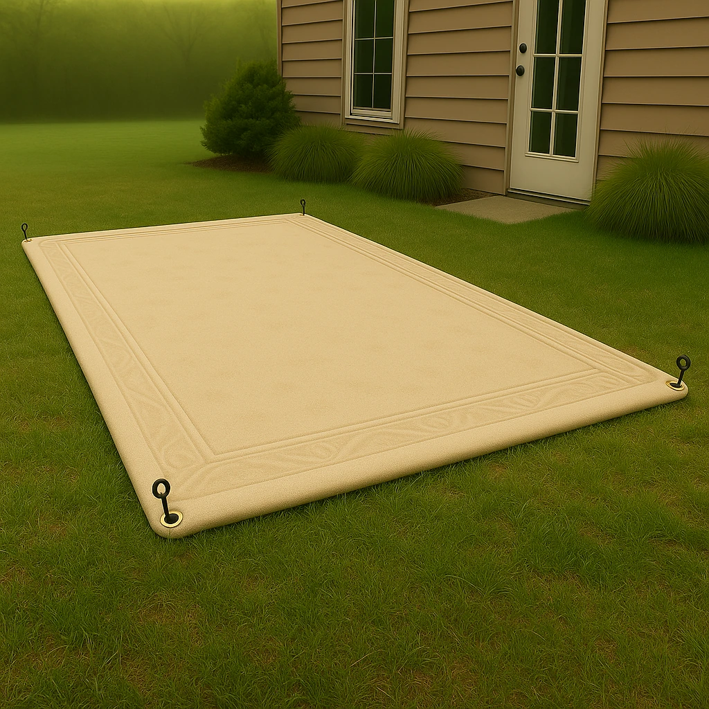 Outdoor rug secured with corner weights to prevent blowing away.