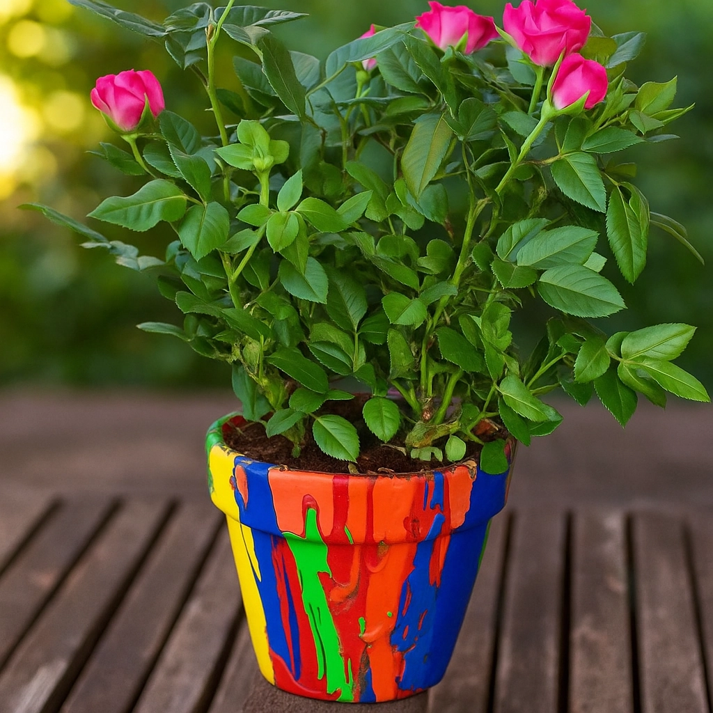 Hand-painted flower pot using bright acrylic colors for a vibrant garden look.
