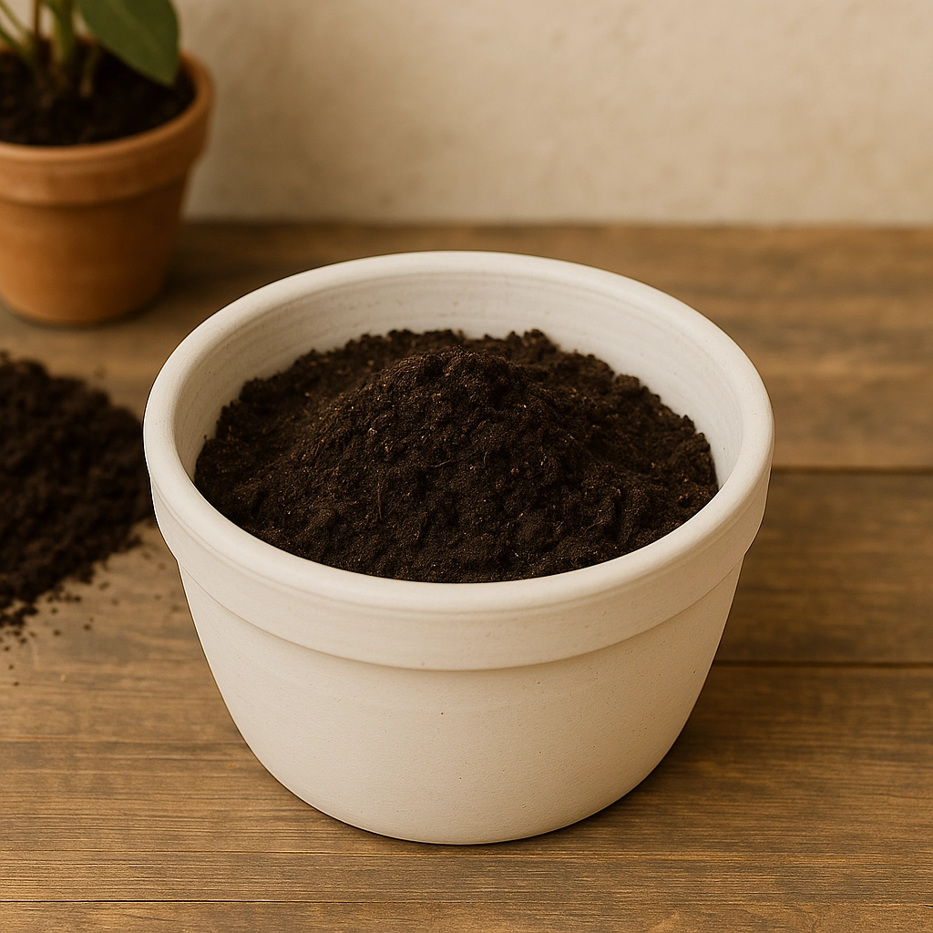Adding potting mix to a container for planting flowers in a garden pot.