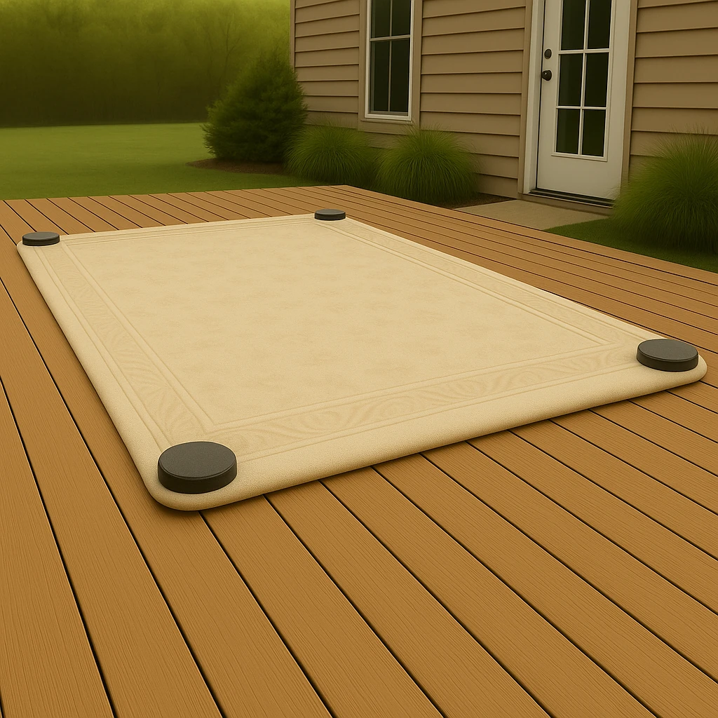 Outdoor rug with corner weights placed on a deck.
