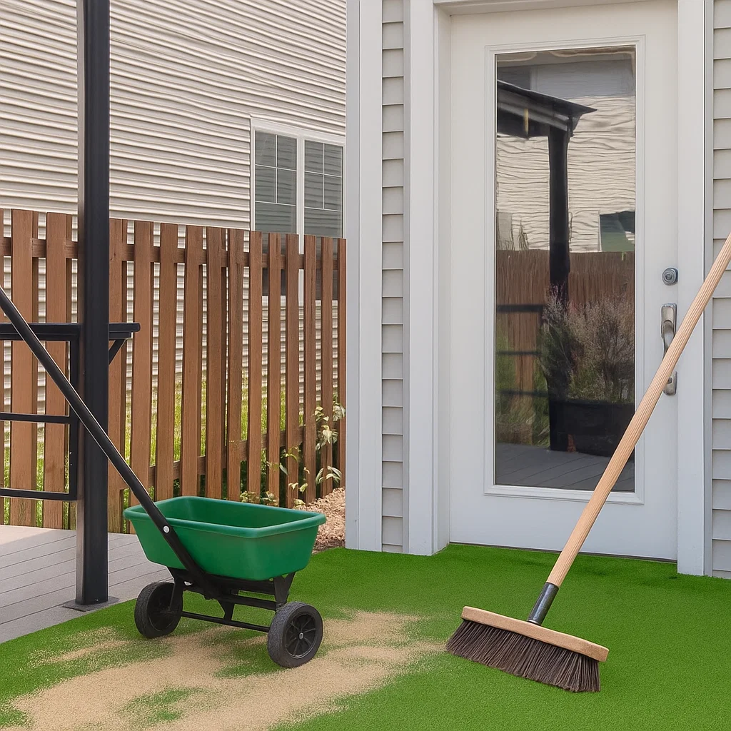 Green fertilizer spreader and broom on artificial turf, infill sand scattered near white patio door.