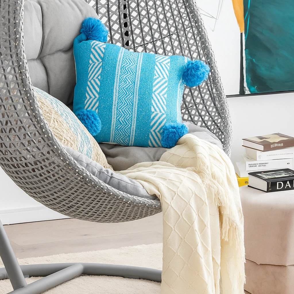 Cozy egg chair with soft throw blanket draped for warmth and style.