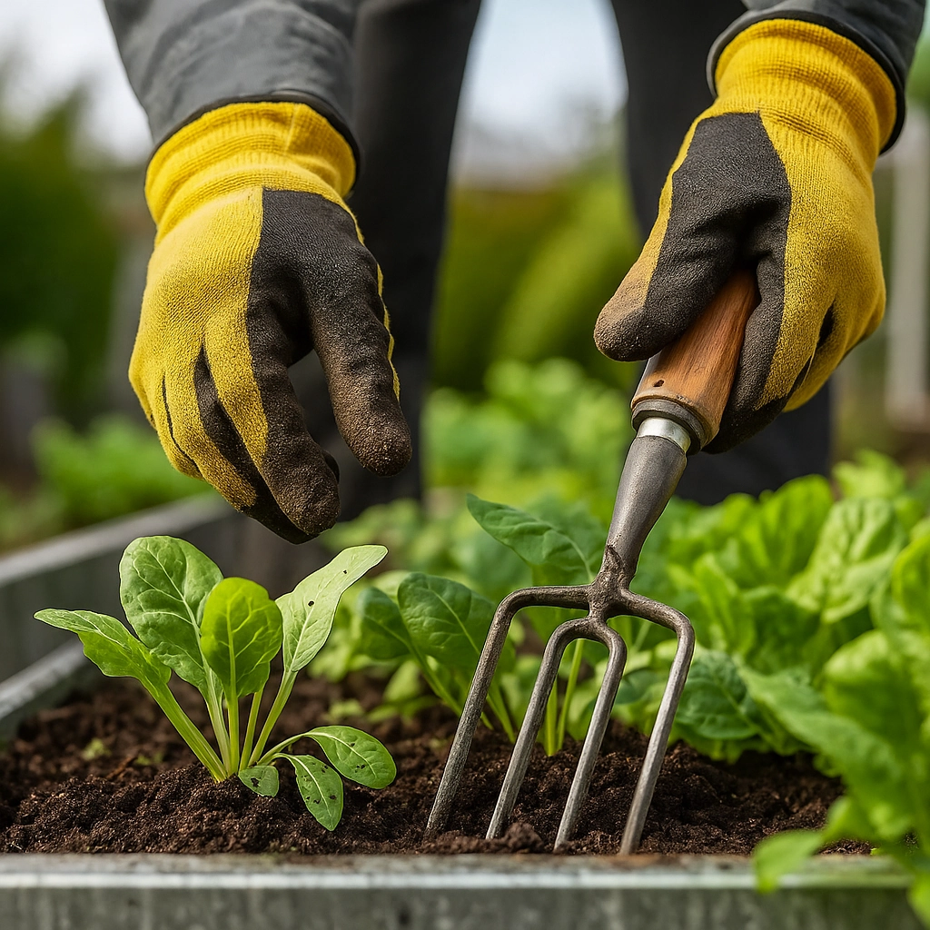 Gardener using a hand fork to aerate soil in a raised garden bed.