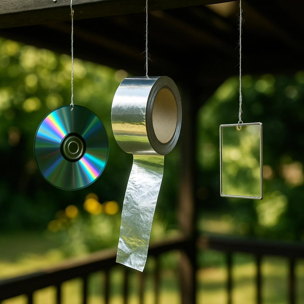 CD, aluminum tape, and mirror as hanging bird deterrents in gazebo.