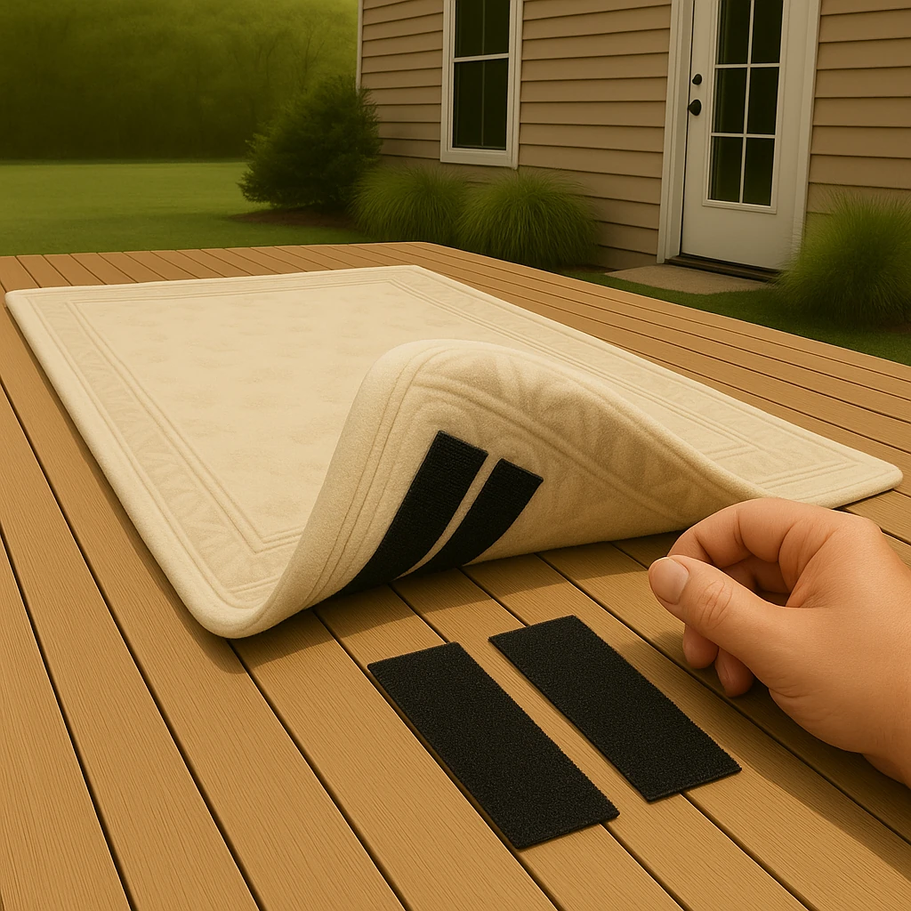 Applying Velcro strips or tape to secure outdoor rug edges.