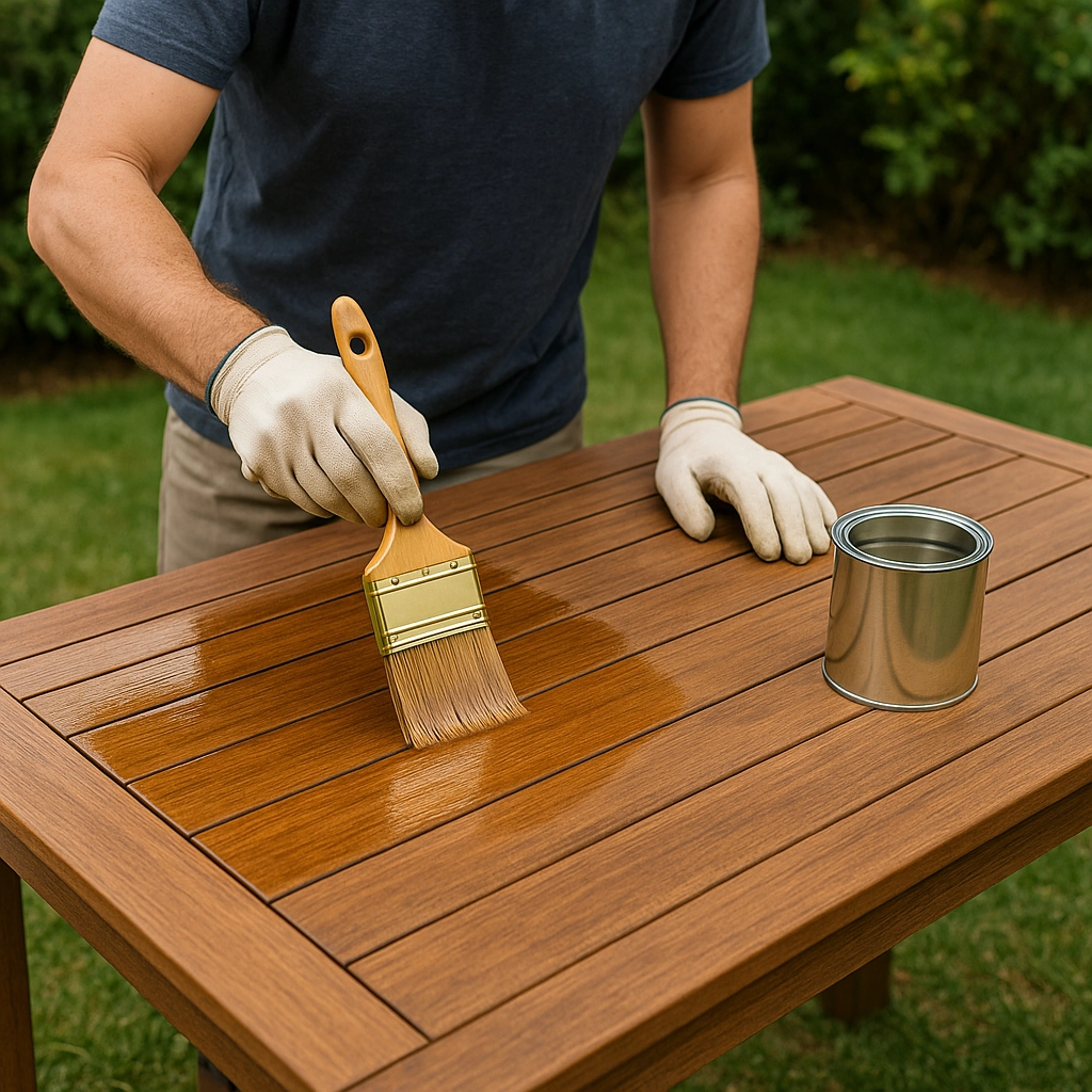 Applying protective coating on a wooden outdoor table to enhance durability.
