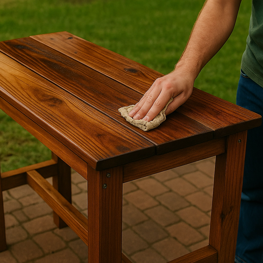 Applying wood stain to enhance the color and grain of the finished table.