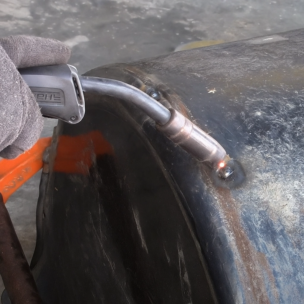 Welding the metal surface to seal a leak.