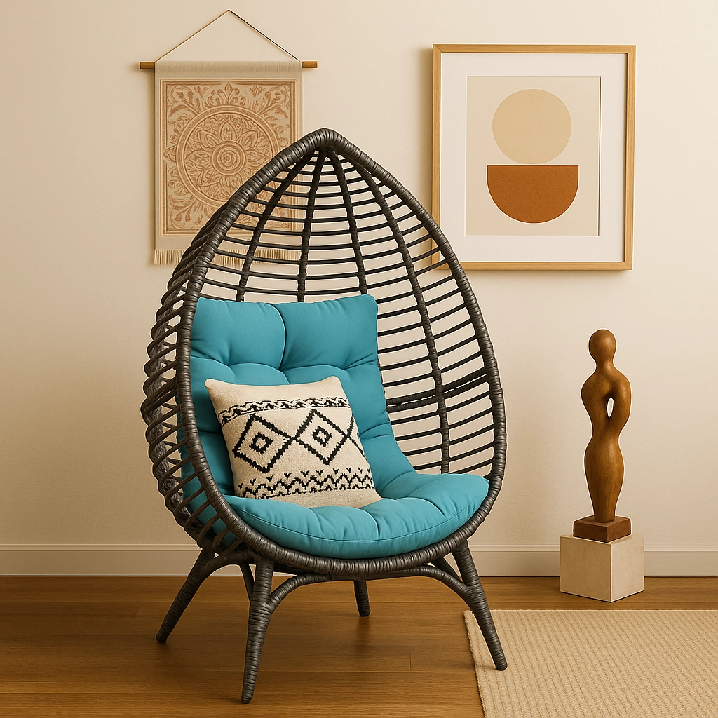 Egg chair styled with wall art and decorative pieces for a curated interior look.