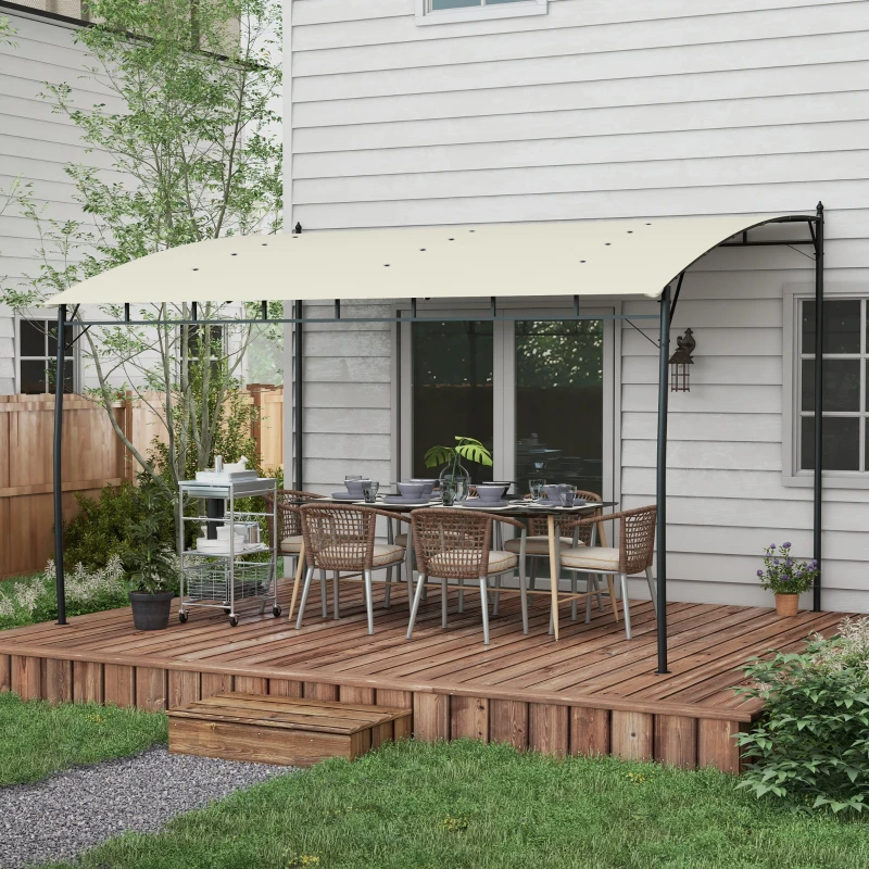 Modern attached pergola over outdoor dining space with wooden decking and plants.