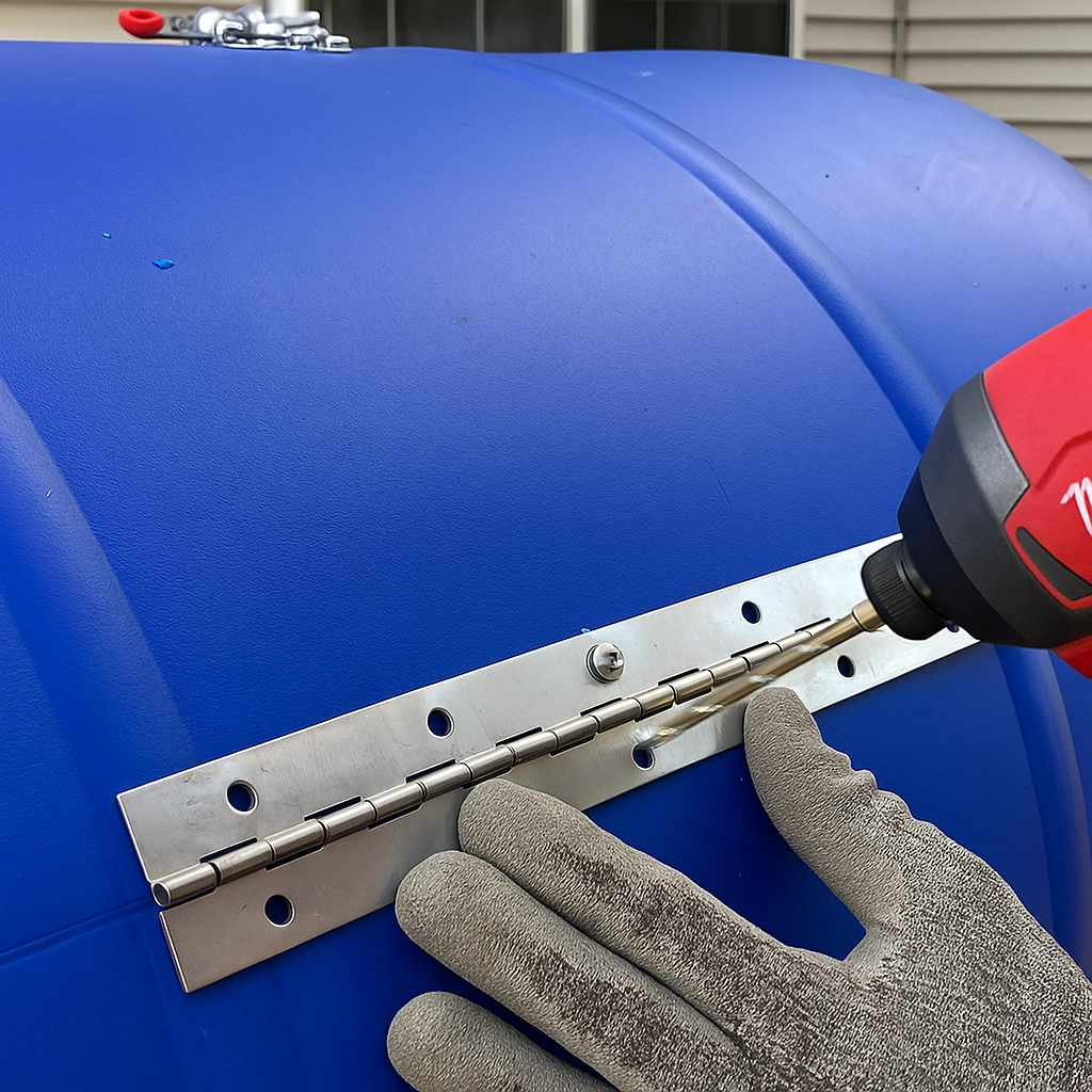 Installing a hinge on the compost barrel hatch for easy opening and closing.