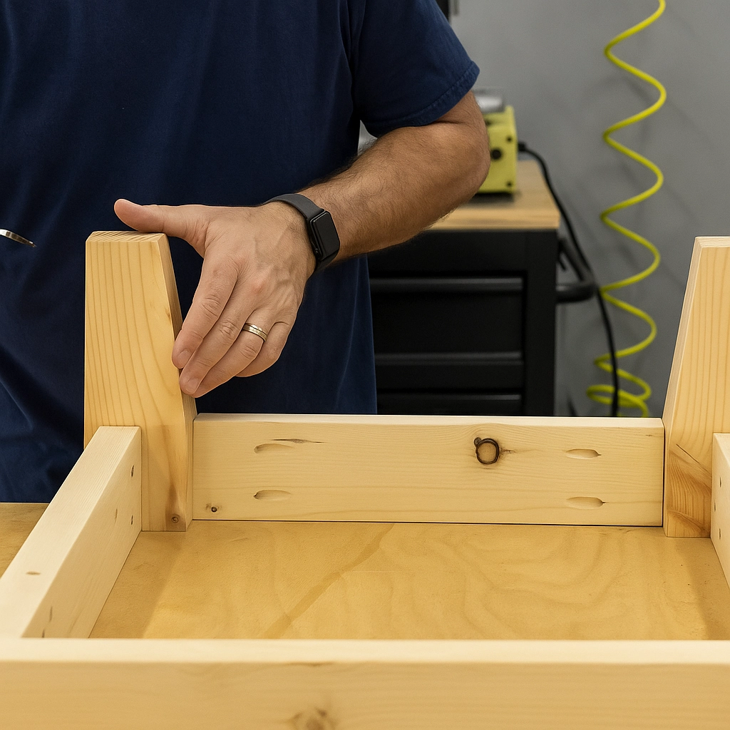 Assembling the legs of a chaise lounge with wood pieces and a tool.