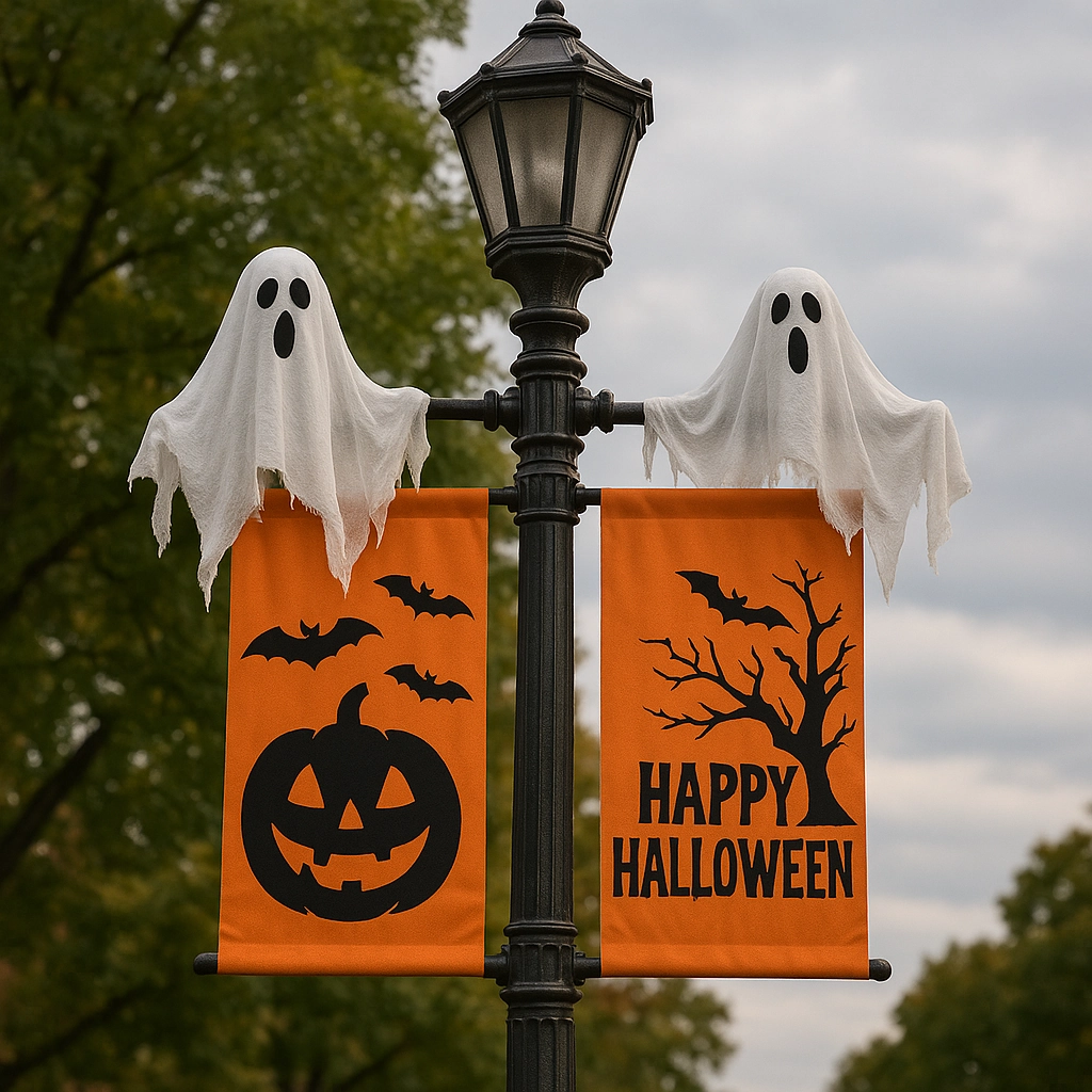 Halloween street lamp with ghost decorations and orange banners saying Happy Halloween.