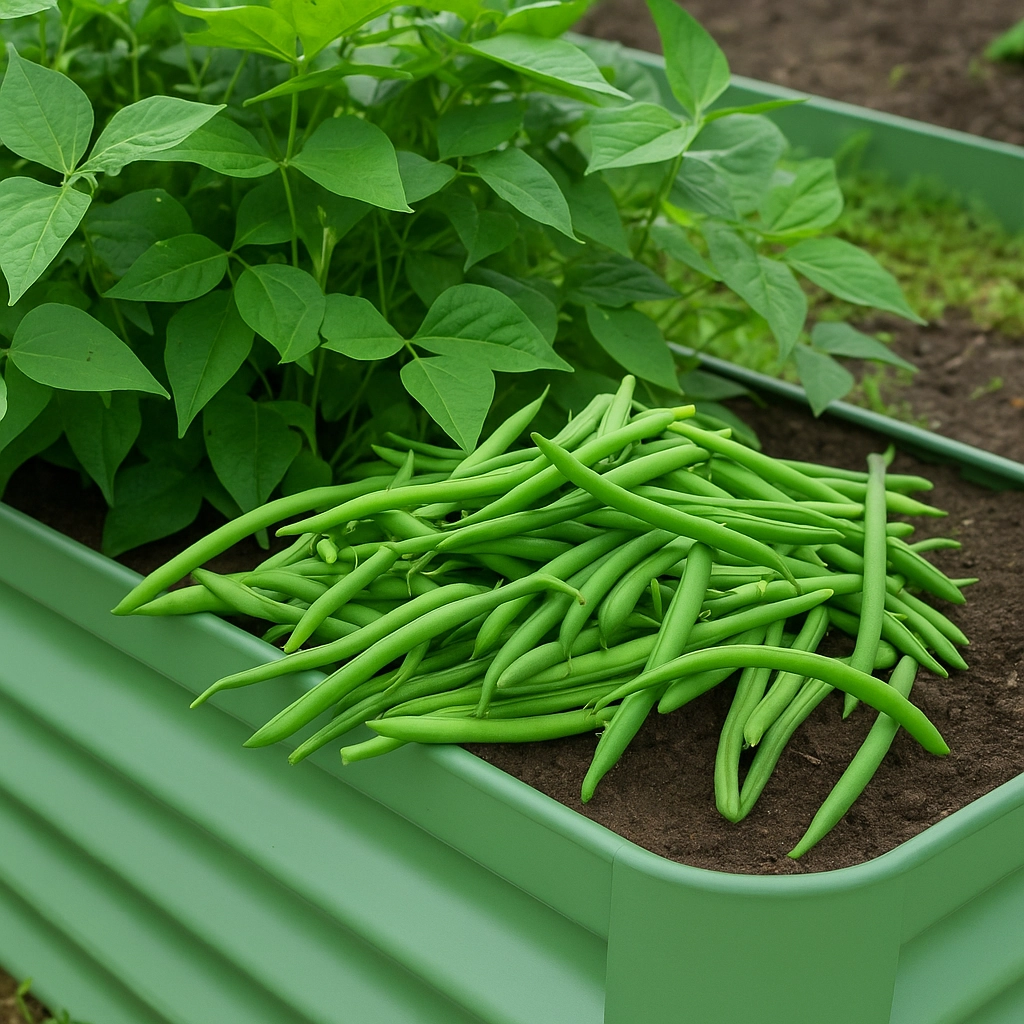 Green bean plants growing in a raised garden bed with rich, well-drained soil.