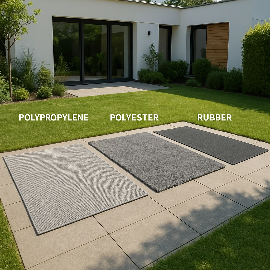 Different rug materials: polypropylene, polyester, and rubber outdoors.