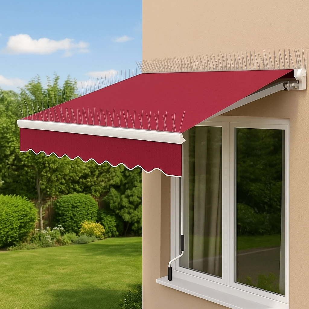 Red awning equipped with bird spikes to prevent birds from perching or nesting.