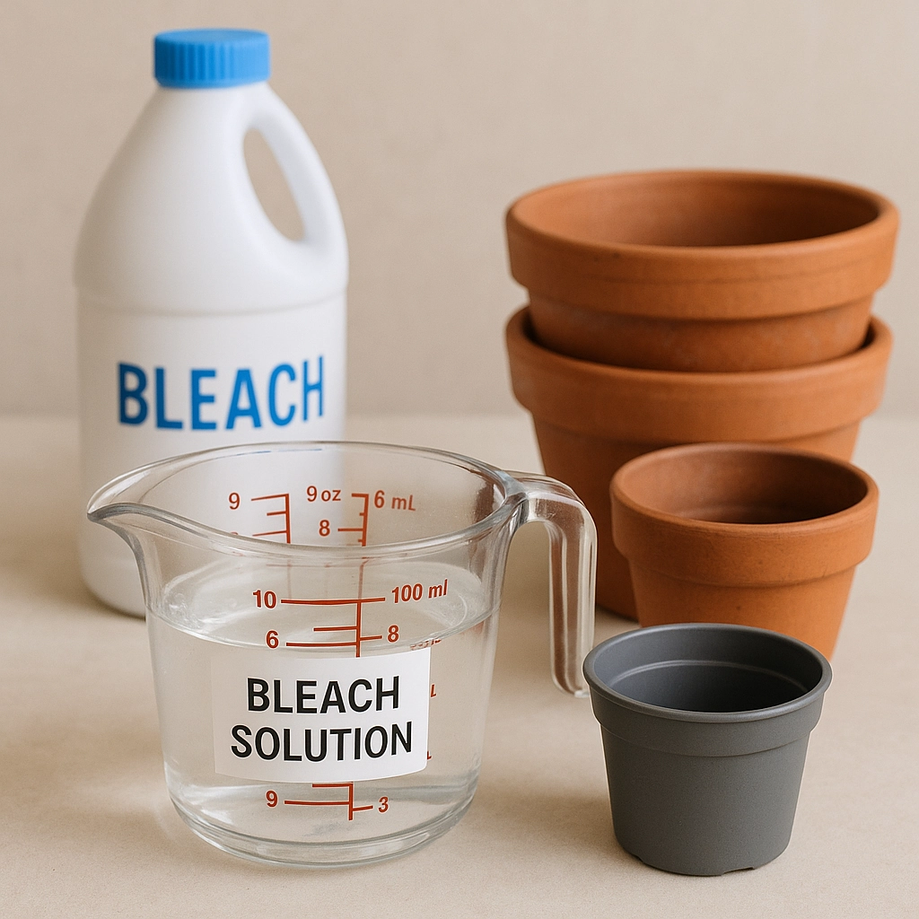 Measuring cup with bleach solution beside terracotta and plastic pots.
