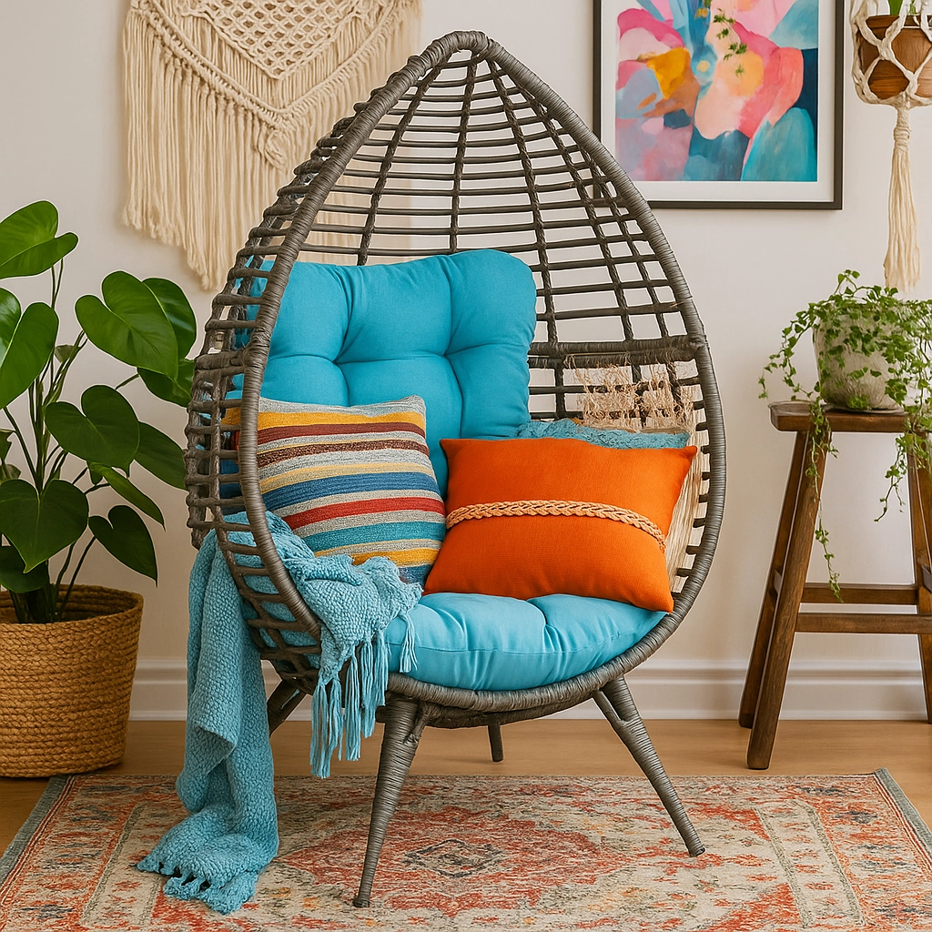 Boho-style egg chair with layered textiles and earthy tones for cozy home decor.