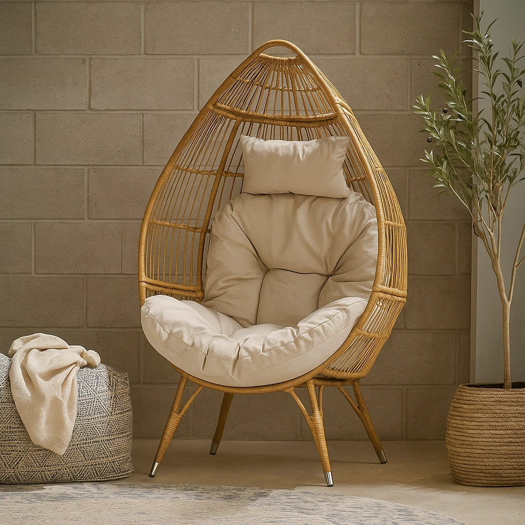 Moving an egg chair indoors to protect it from strong wind and storm damage.