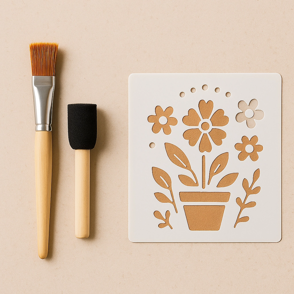 Brushes, foam applicator, flower stencil ready for pot painting