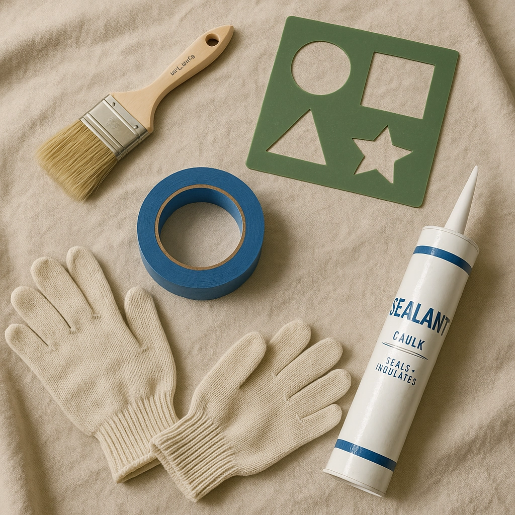 Tools for DIY rug painting: brush, tape, gloves, stencil, and sealant.