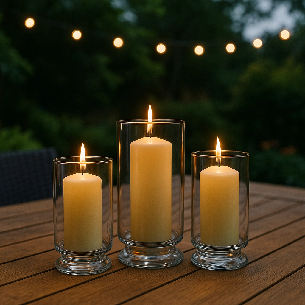 Glass hurricane candles on patio table glowing under string lights for ambiance.