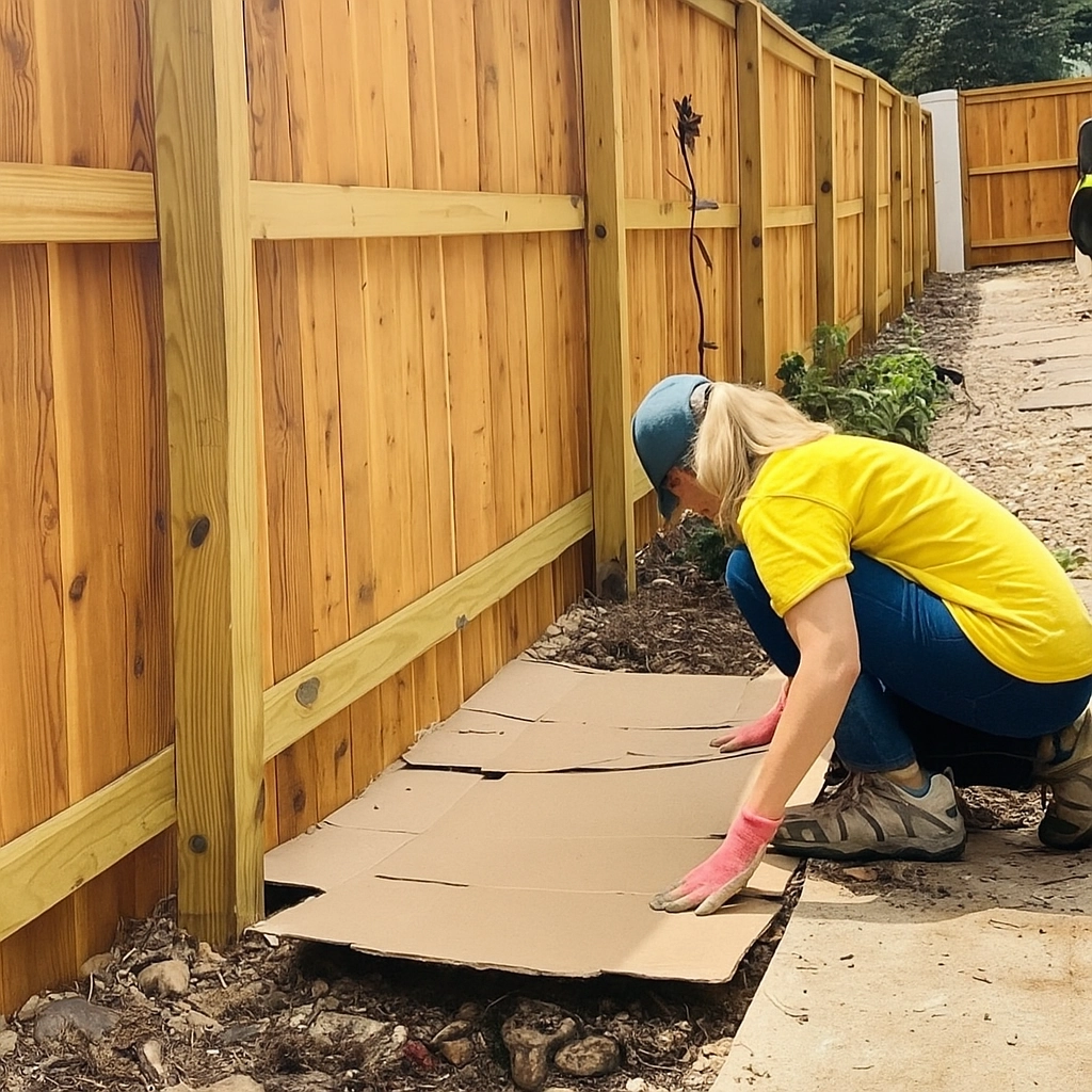 Cardboard used as a biodegradable weed barrier in sustainable garden landscaping.