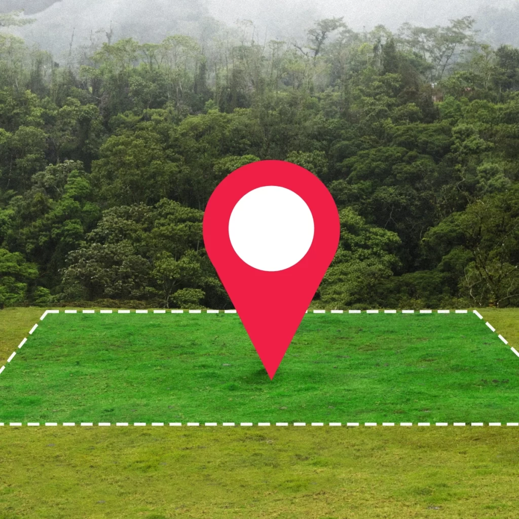 Illustration of a highlighted plot of land in a forest area with a red location pin, indicating an ideal site selection.