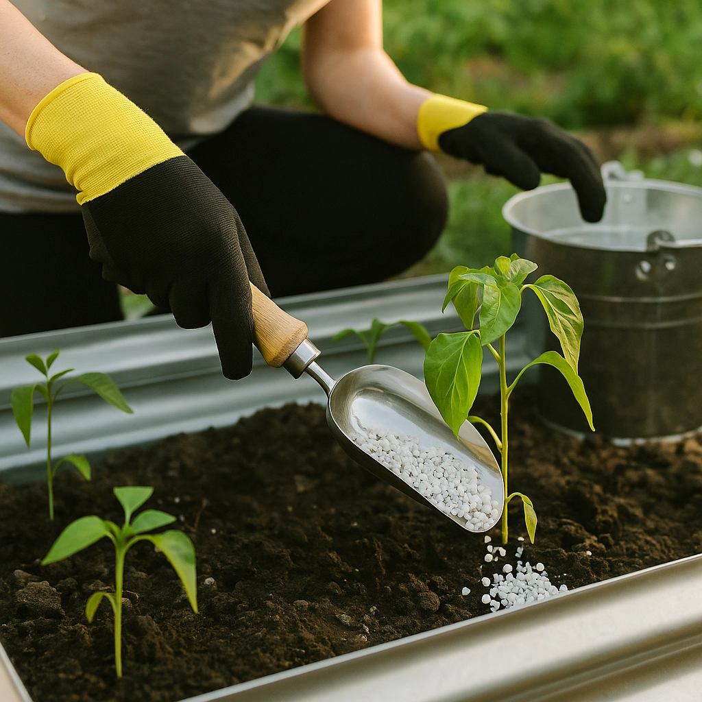 Person adding granules of fertilizer around young plants in a raised garden bed.
