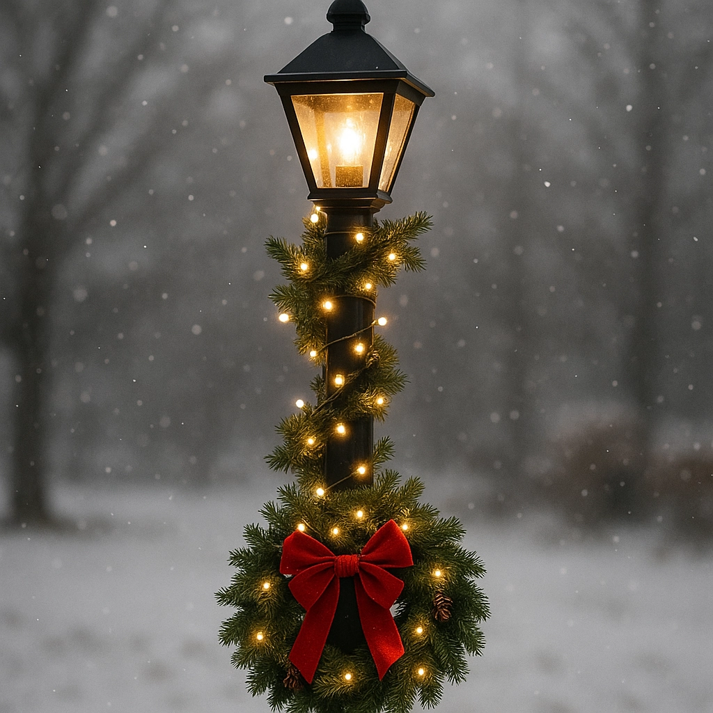 Snow-covered lamp post wrapped in lights with a holiday wreath and red bow.