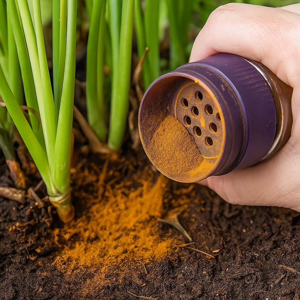 Ground cinnamon sprinkled around garden bed to naturally repel and deter ants from entering.