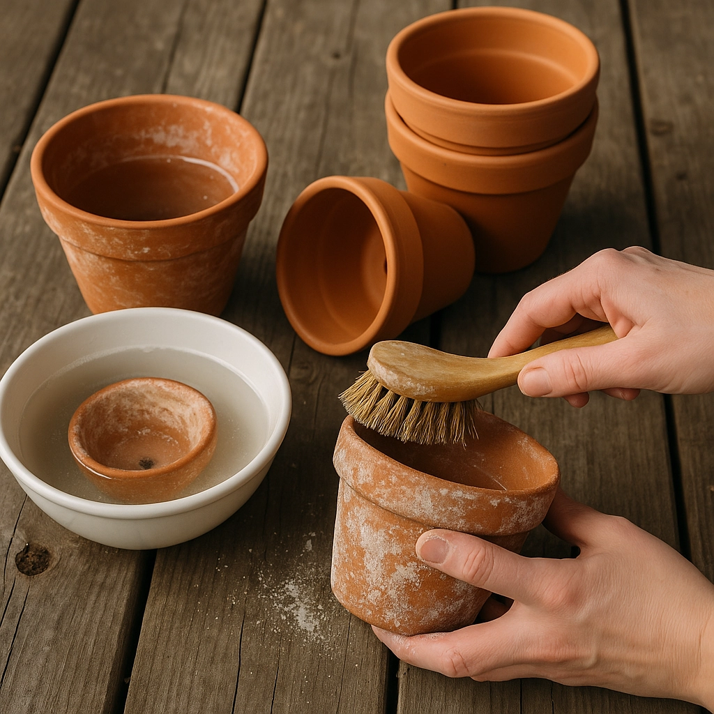 Cleaning terracotta pots with a brush and soaking them in water.