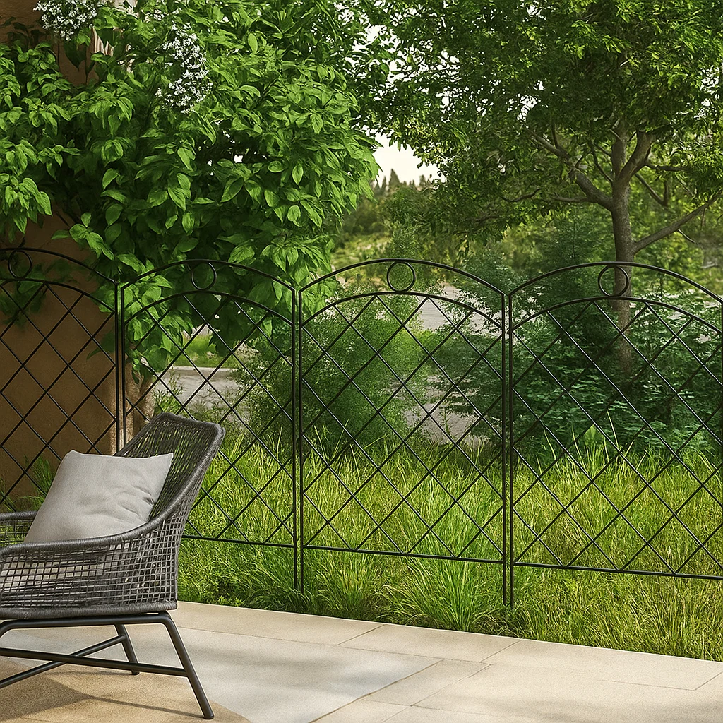 Black metal garden fence on green grass with patio chair and lush trees in the background.
