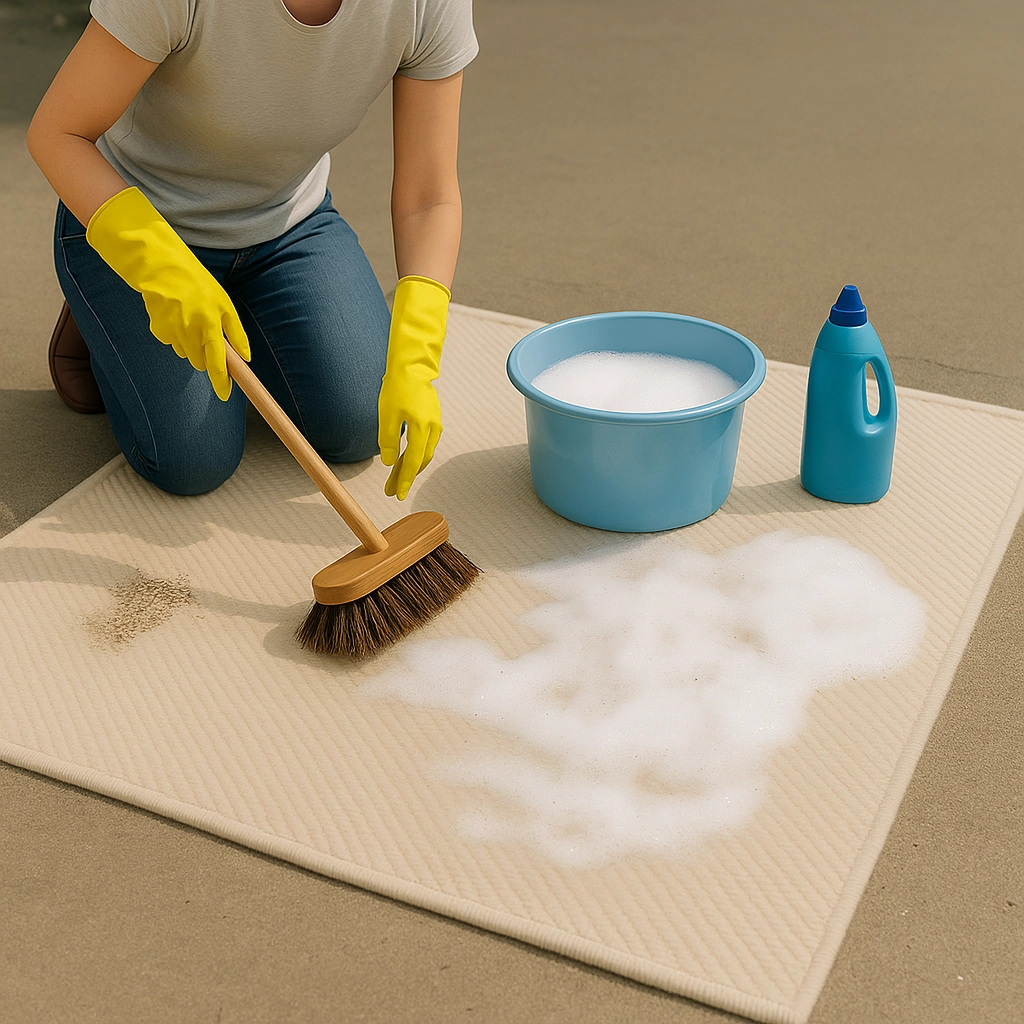 Person cleaning a rug with gloves, broom, soap, and water.