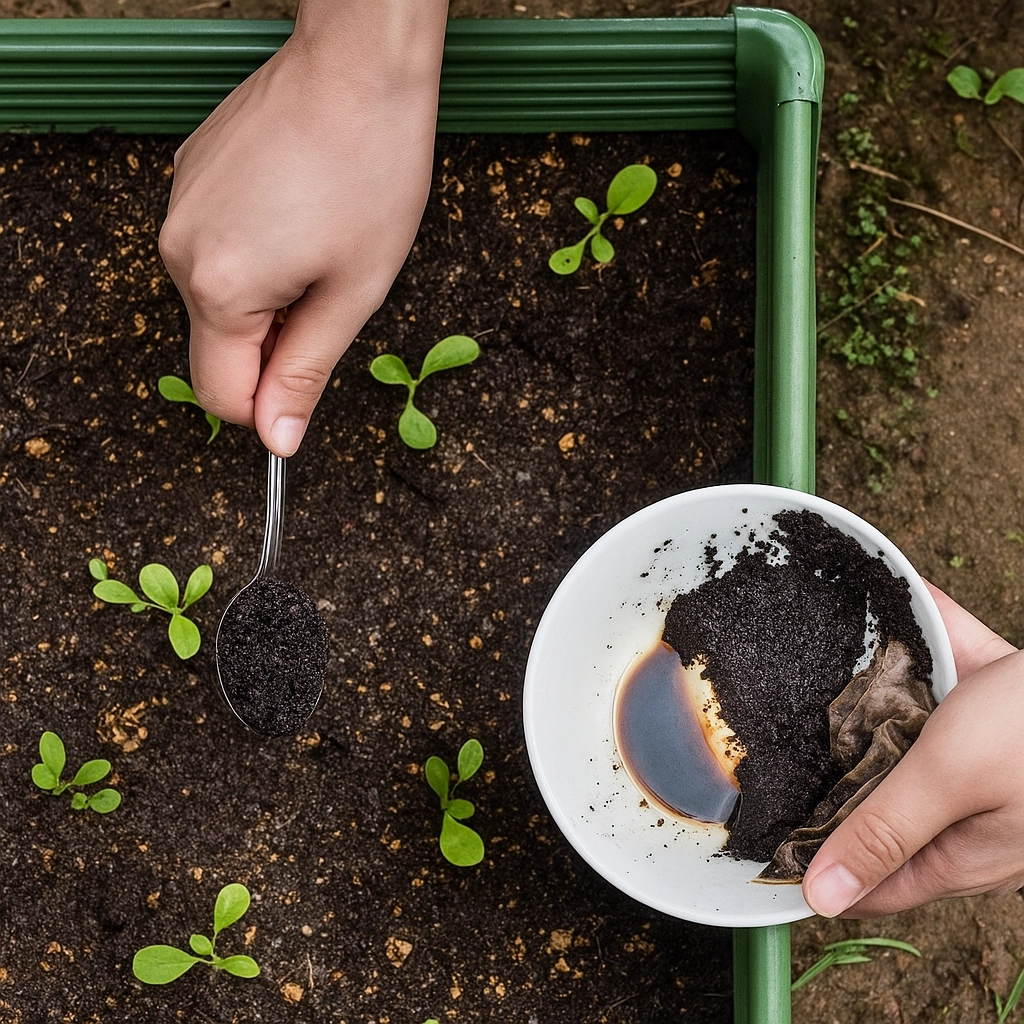 Used coffee grounds spread near garden plants to repel ants with strong aroma.