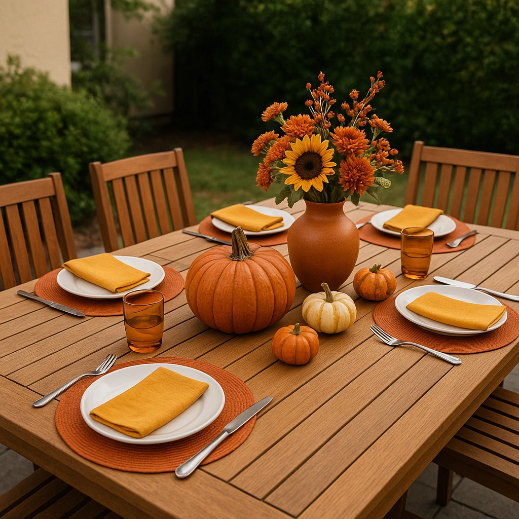 Autumn-themed patio table with pumpkins, sunflowers, orange table settings.