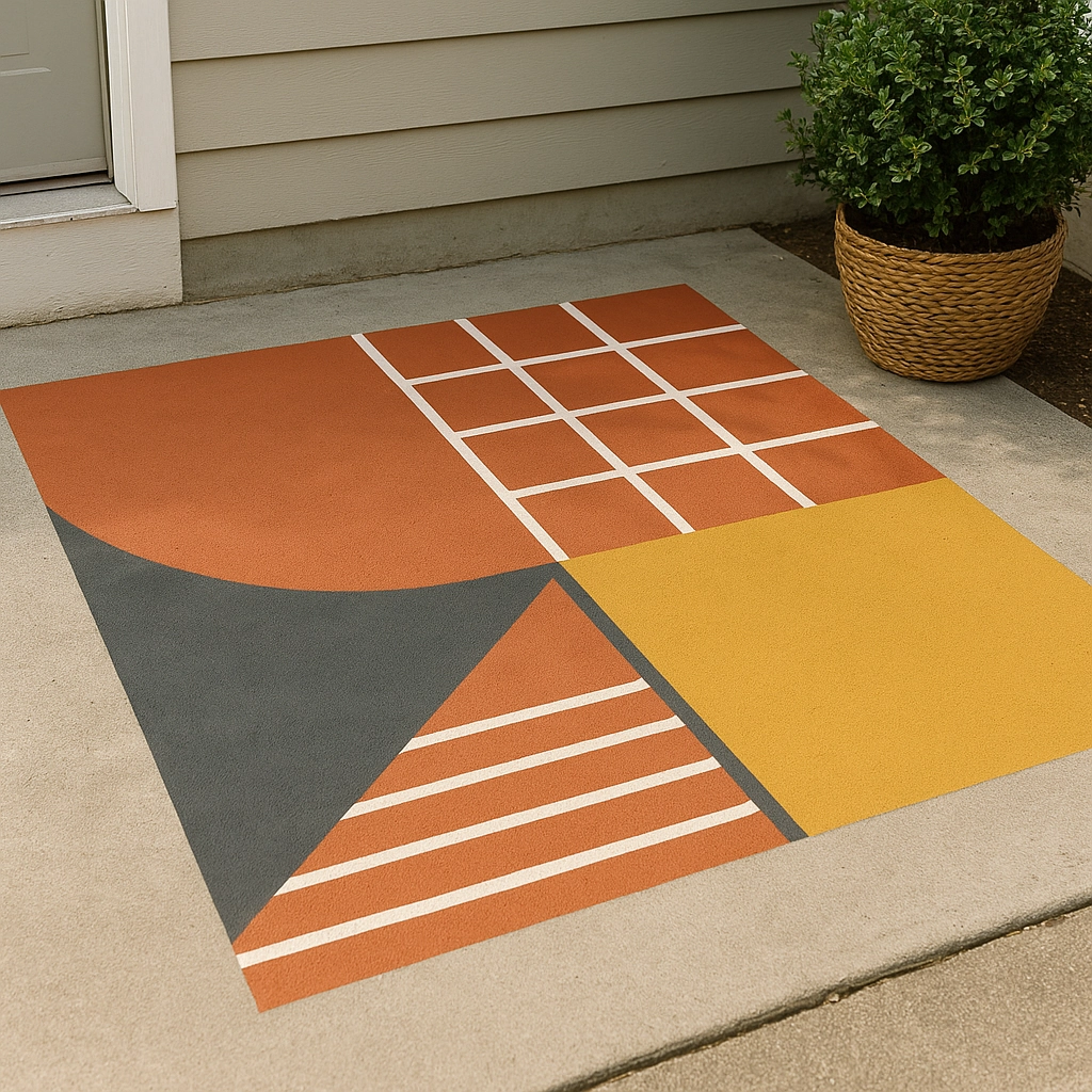 Colorful geometric design painted on a rug outdoors.