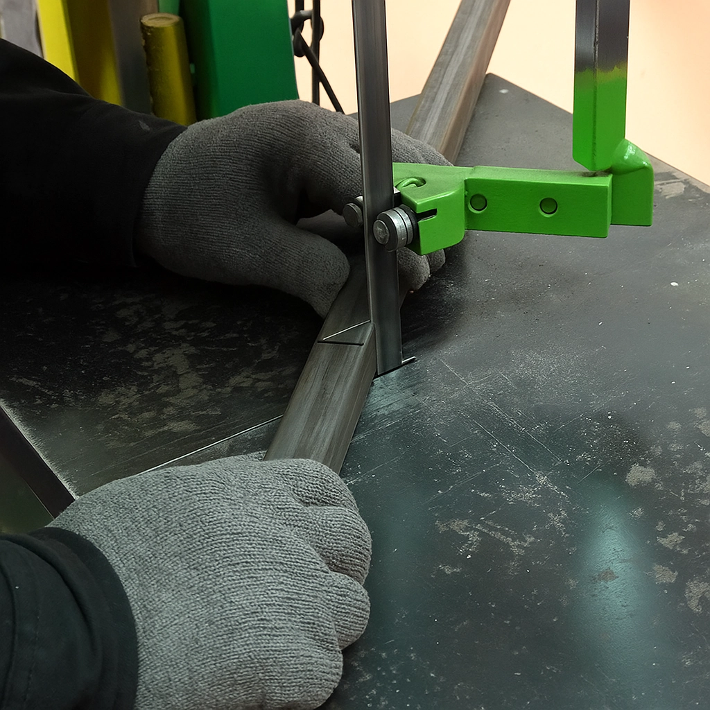 Cut metal tubing to size for DIY roller shaft using a power saw or pipe cutter.