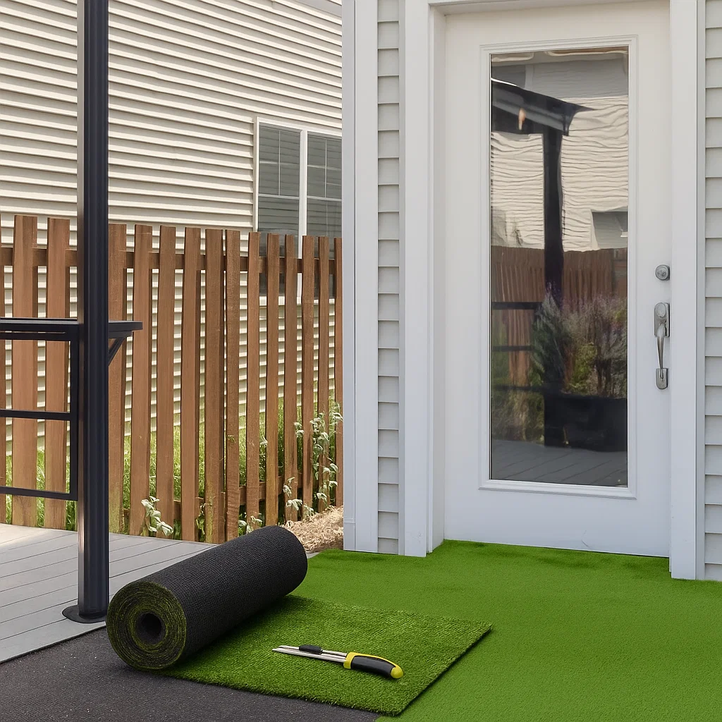 Partially installed artificial turf with a utility knife and scissors placed on compacted sand base.