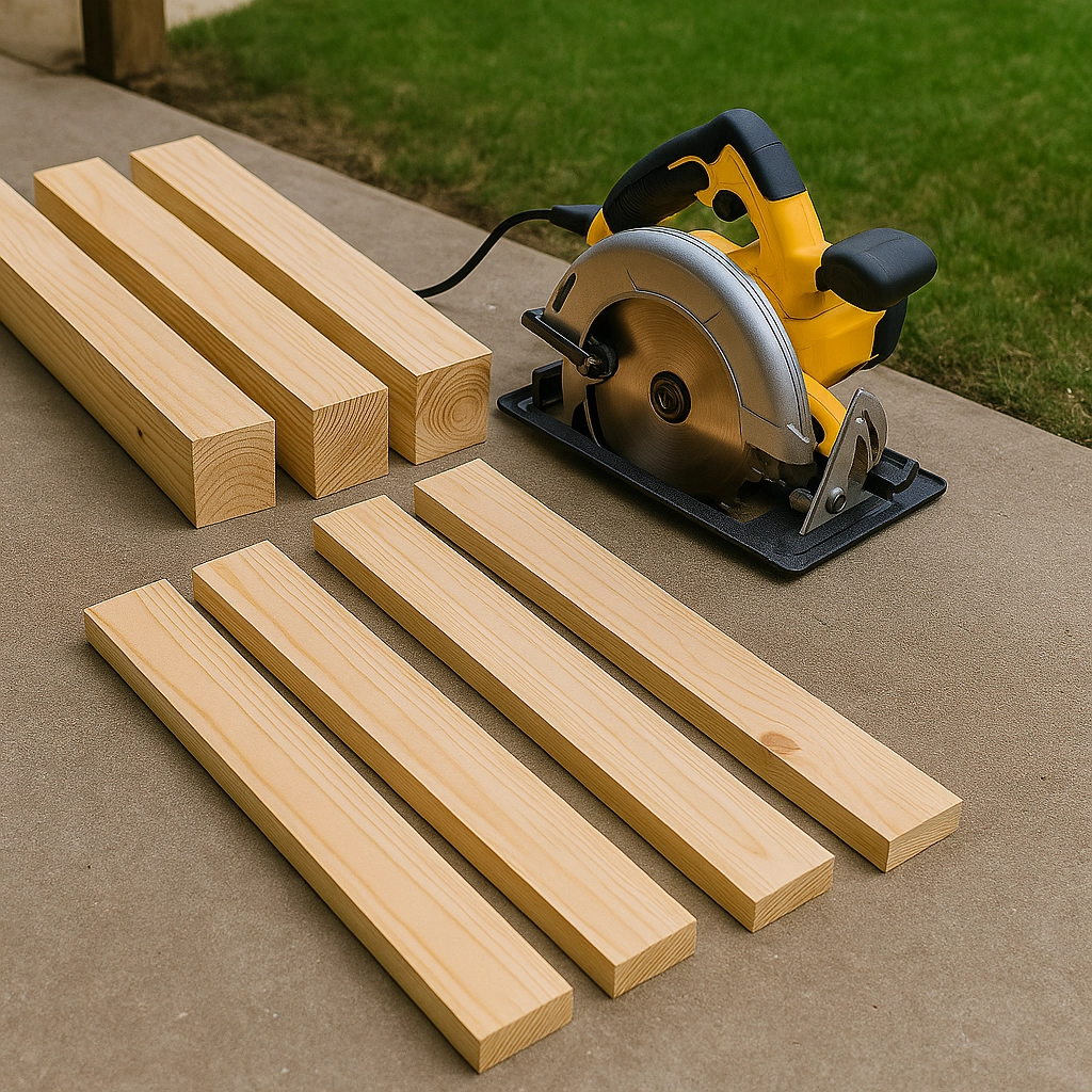 Cut wooden legs and support boards for DIY furniture using a circular saw on a patio.