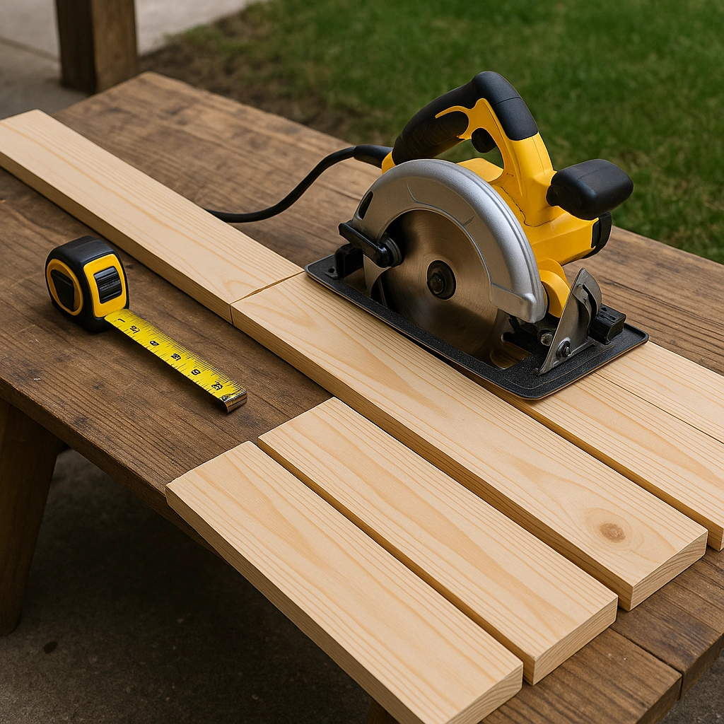Cutting wooden boards for a custom tabletop in a DIY furniture project.