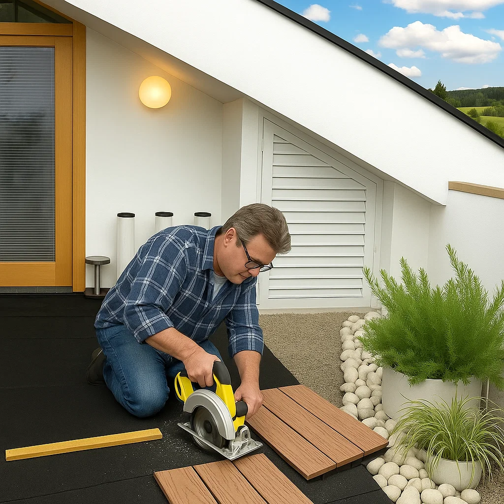 Cutting interlocking deck tiles to fit edges and corners using appropriate tools.