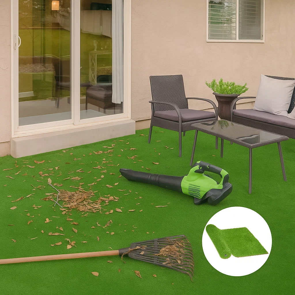 Rake and leaf blower on artificial turf with dry leaves near outdoor patio furniture.