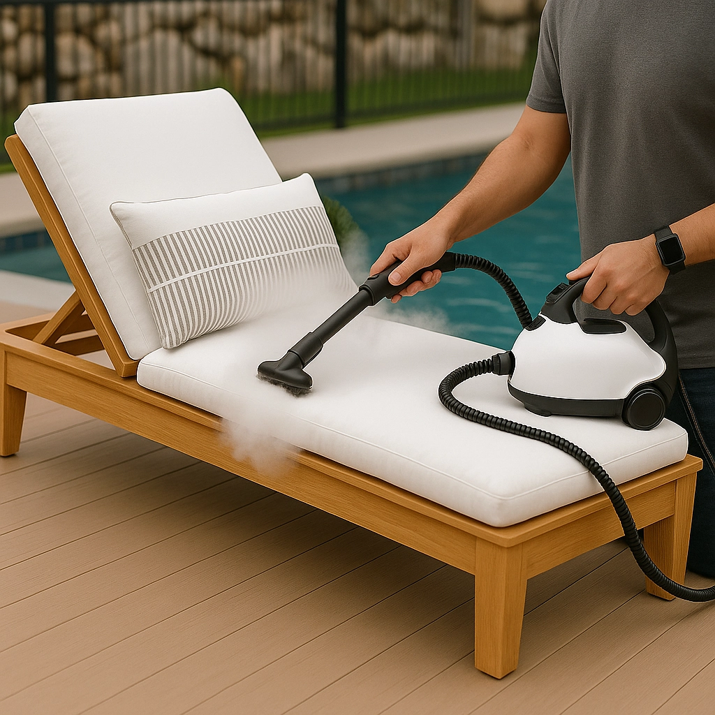 Person steam cleaning white poolside cushion with handheld steam cleaner for deep sanitation.