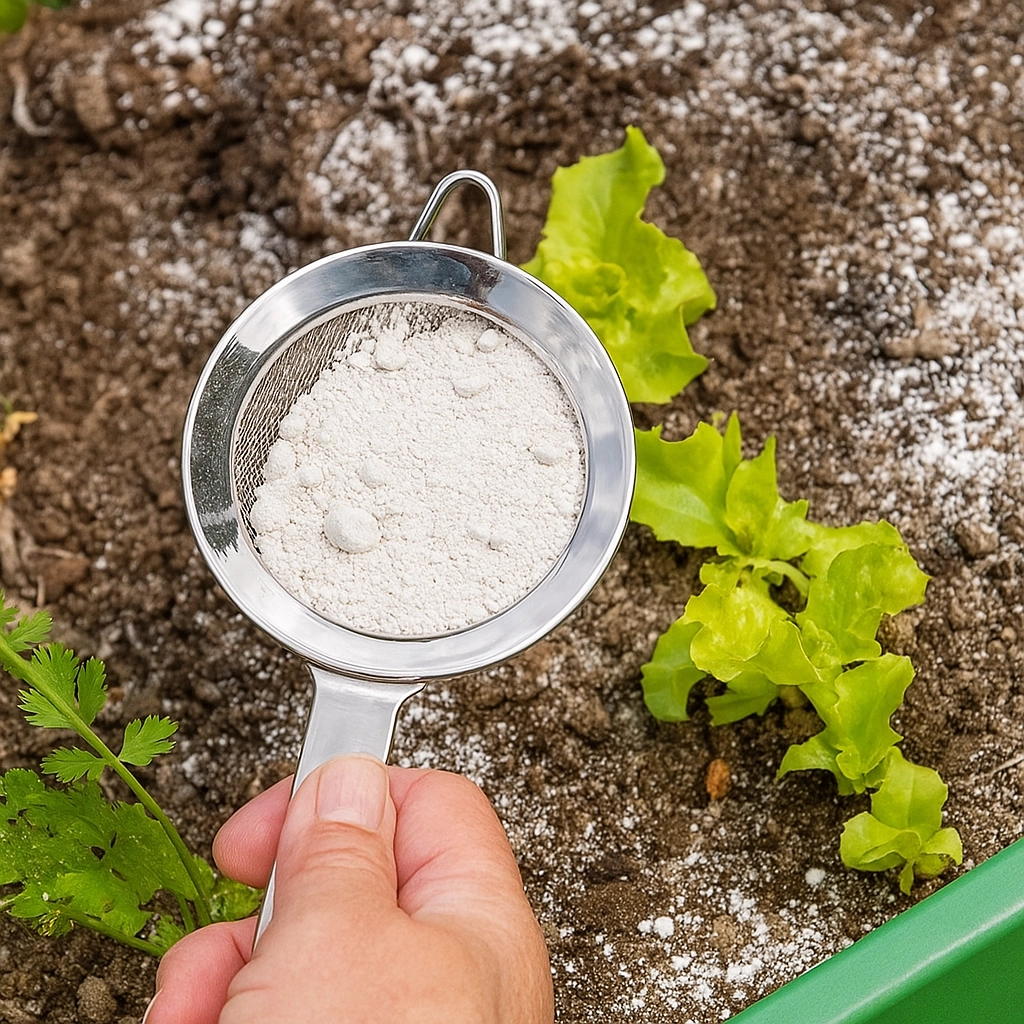 Diatomaceous earth applied on soil surface as natural ant killer in garden beds.