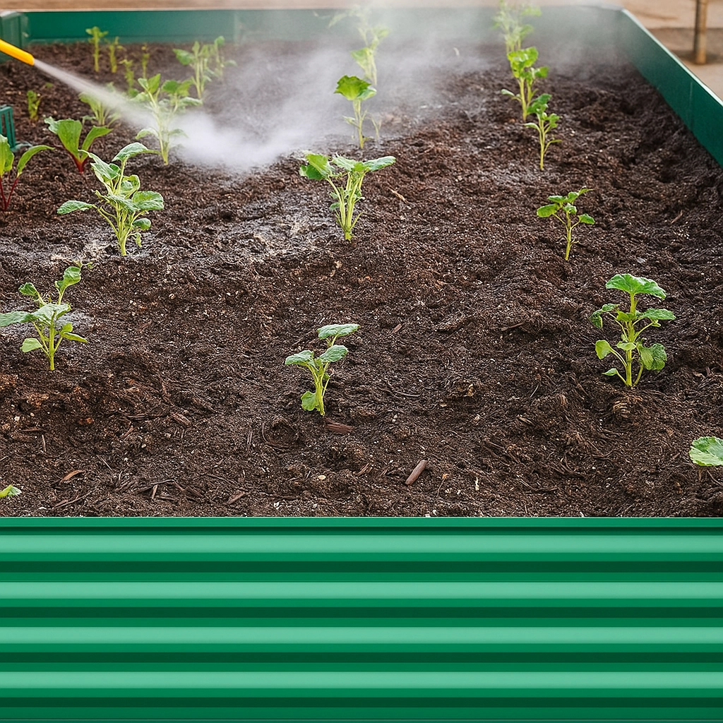 Diatomaceous earth applied on soil surface as natural ant killer in garden beds.