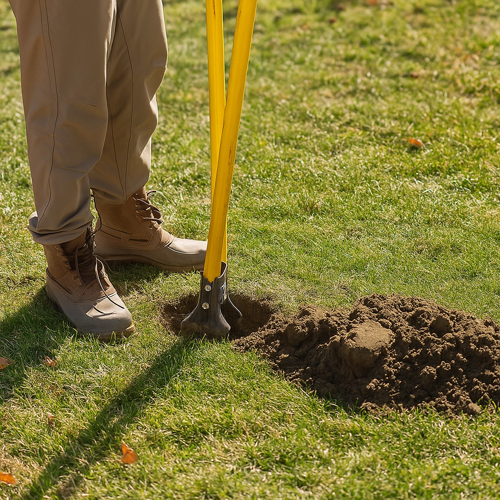 Man digging a hole in grass using a post hole digger for lamp installation