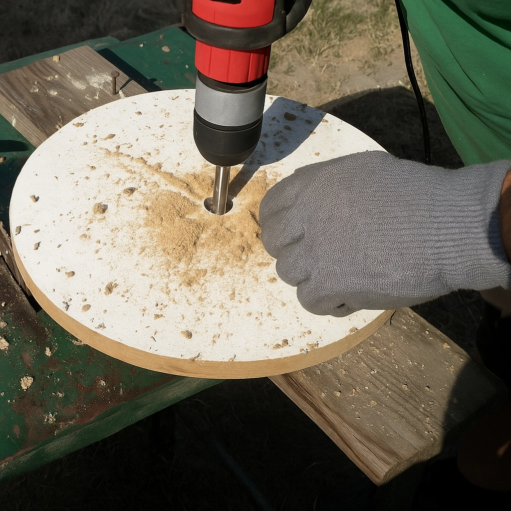 Drill centered hole in plastic cap for inserting metal shaft in roller drum assembly.