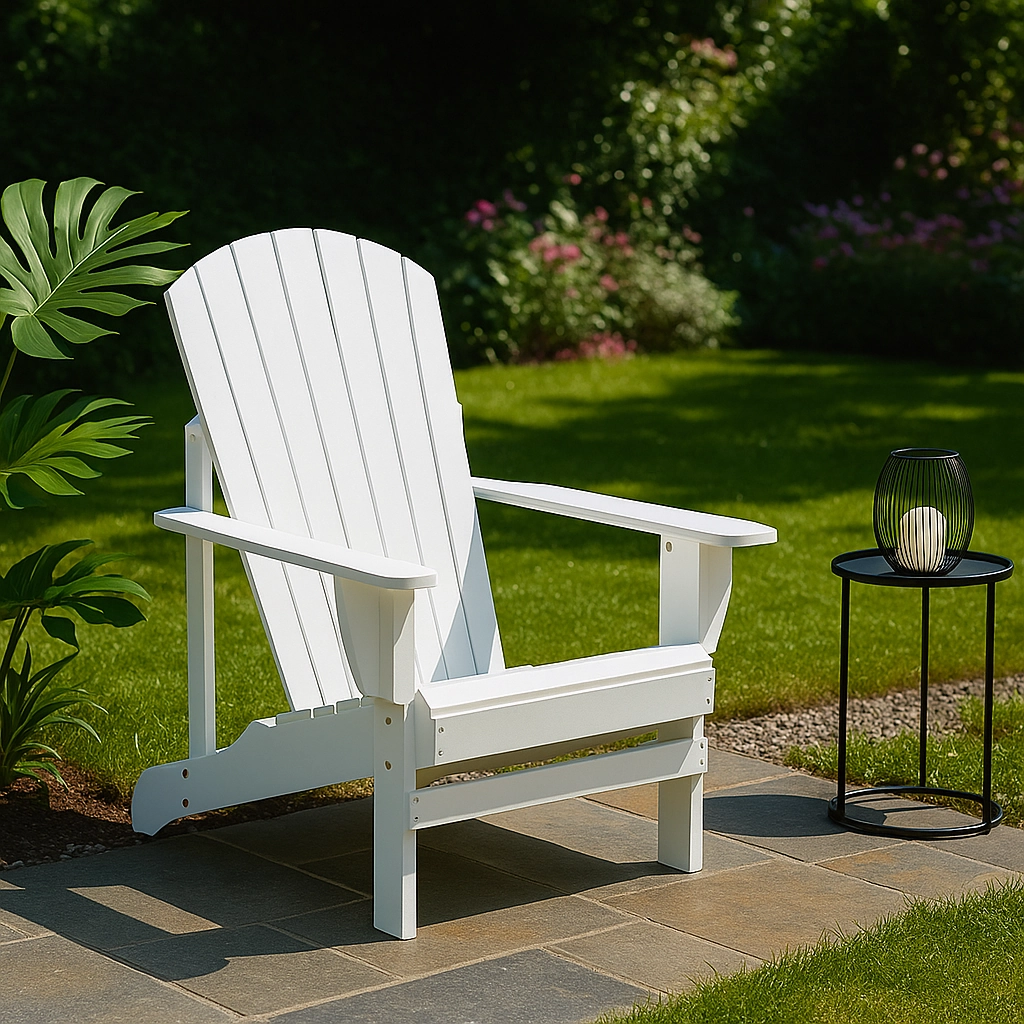 White Adirondack chair drying in direct sunlight on patio with green lawn background.