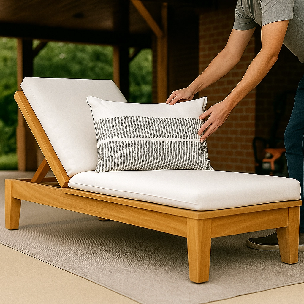 Man adjusting striped pillow on freshly cleaned outdoor lounge chair by the patio.
